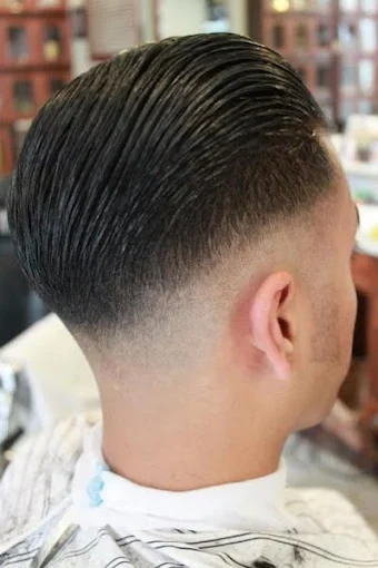 Back view of a slicked-back hairstyle